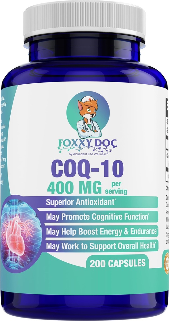 CoQ10 400 MG Per 2 Caps - Ubichinon - Doskonała wartość - Serce, Suplement Mózgu i Komórki - Wsparcie energetyczne - 200 Czapek w butelce - by Foxxy Doc
