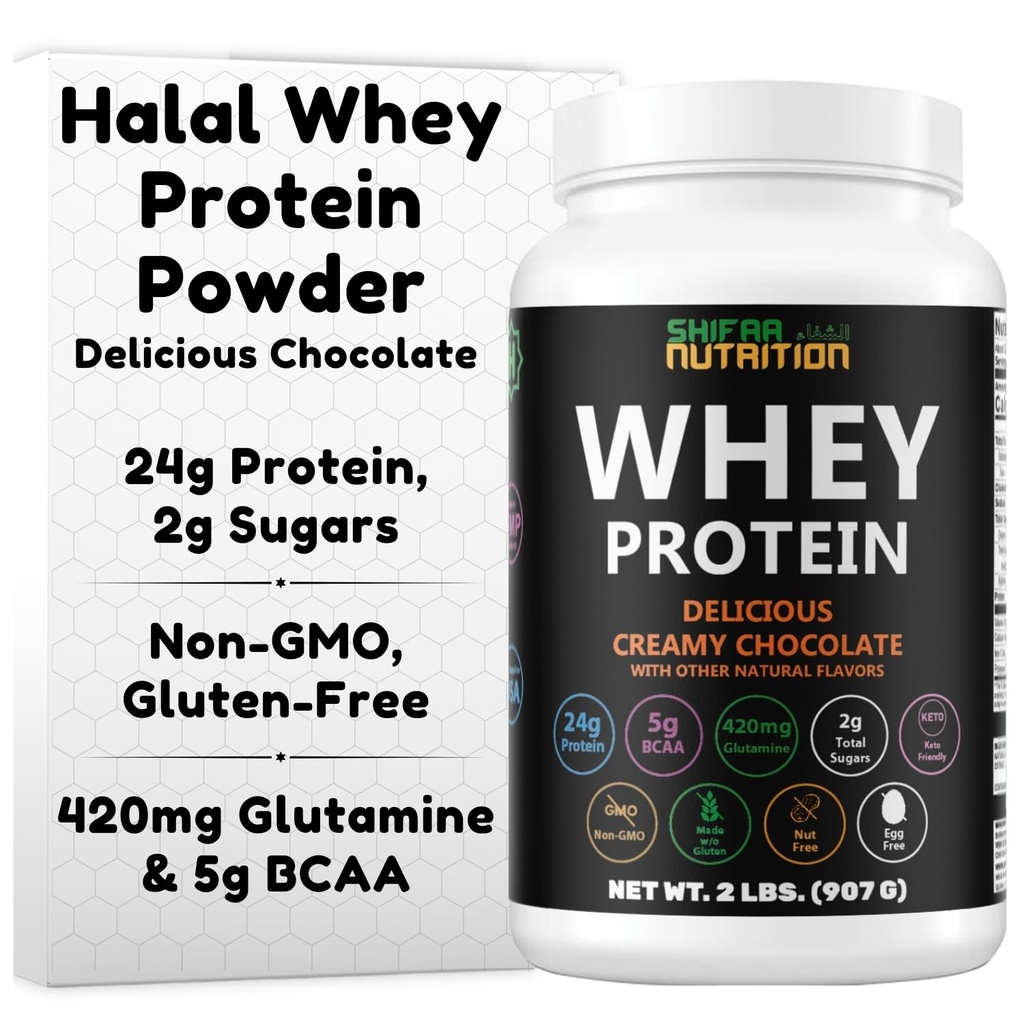 SHIFAA NUTRITION 2 Lbs Halal białka serwatki w proszku czekolada kremowa. 24g białka, 5g BCAAs & 420mg glutamina. Bez cukru, Przyjazny Keto-, Gluten- Free, Nie-GMO