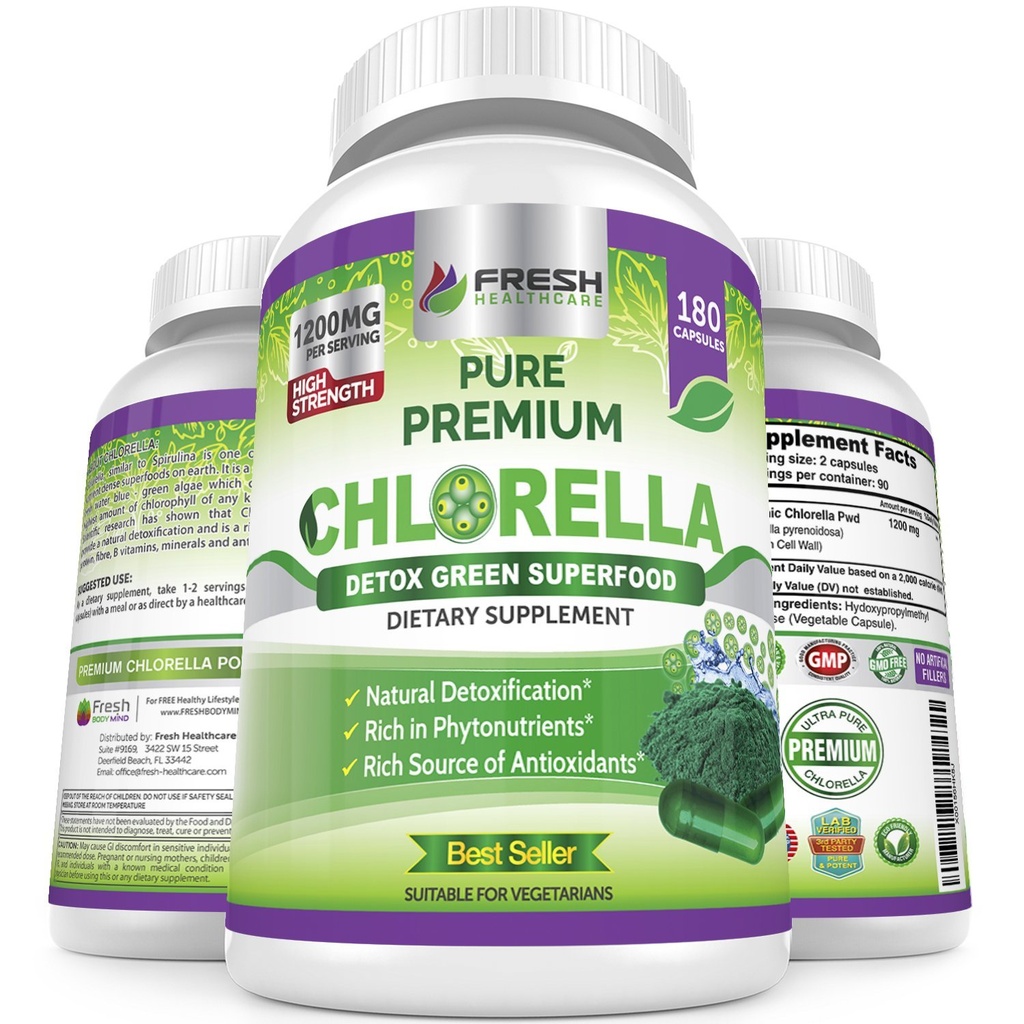 FRESH HEALTHCARE Premium Suplement Chlorella, 1200mg Pure Vegan Powder Kapsułki, 180 Chlorofil i CFG Pigułki, Natural Detox Superfood, Naturalnie zawiera witaminy B i minerały