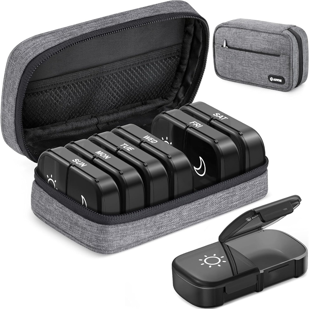 AUVON Canvas Bag XL Cotygodniowy Pill Organizator 2 razy dziennie, Podróże Pill Box 7 Dzień z One- Side duże otwarcie, AM PM Pill Case z Przenośny worek na ubrania do suplementów, Witaminy, Oleje rybne