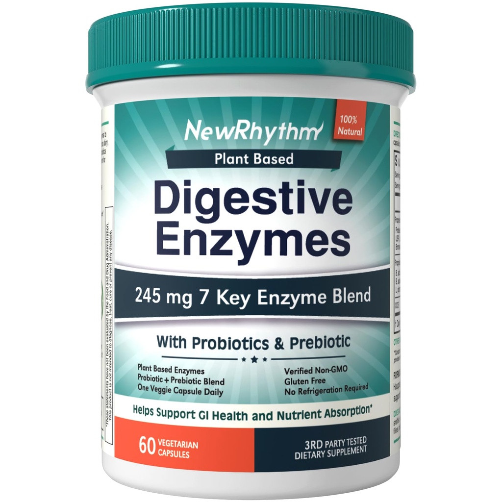New Rhythm Digestive Enzymes 245 mg, z Probiotykami i Prebiotykami, Plant Based, 7 Kluczowe Enzymy, Trawienie, Wchłanianie składników odżywczych, Amylaza Protaine & Lipaza, 60 Kapsułki wegańskie