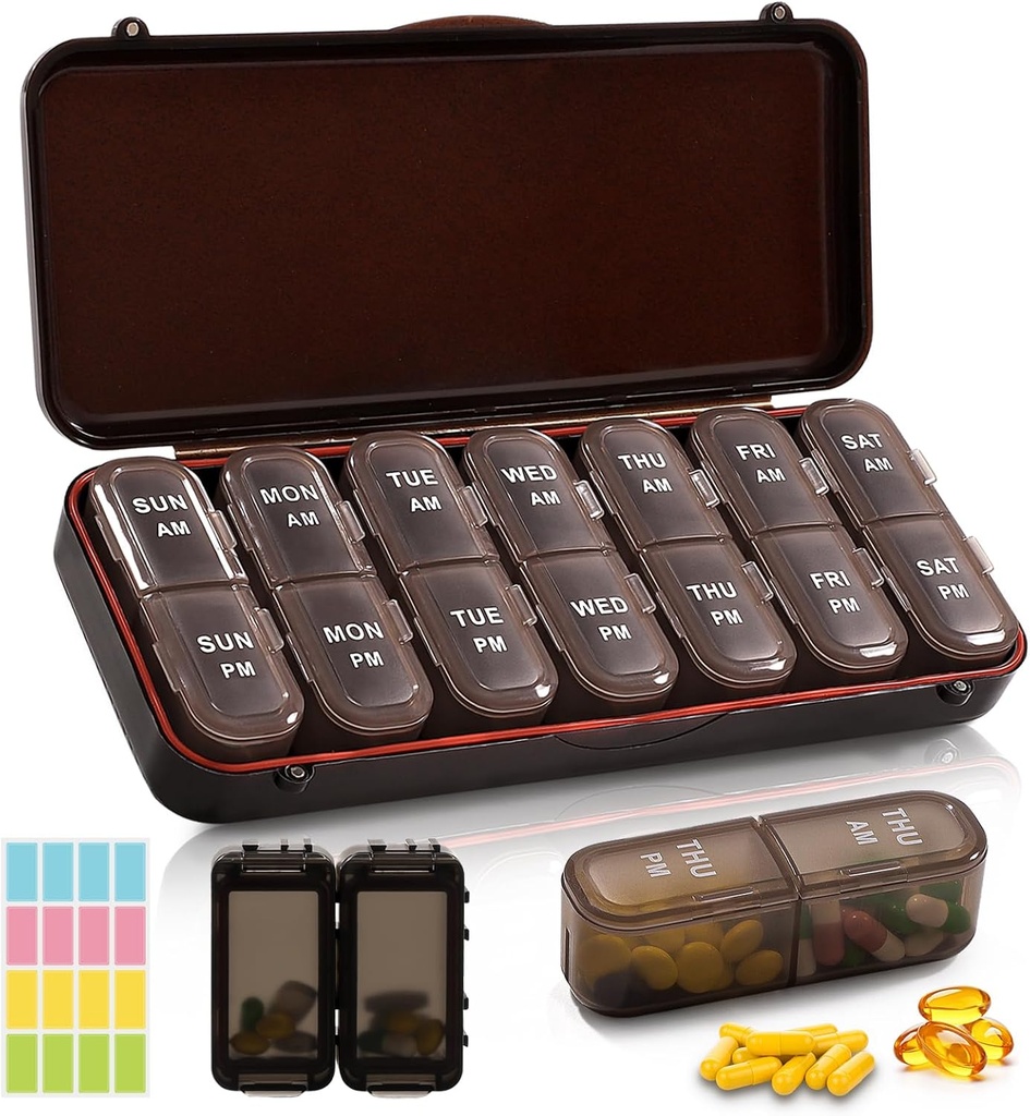 Cotygodniowy Pill Organizer 2 razy dziennie + 2 Oddzielny Pill Organizator zestawu - AM PM Pill Organizator dla suplementu witaminy Fish Oil, Brown Daily Pill Case 2 razy dziennie
