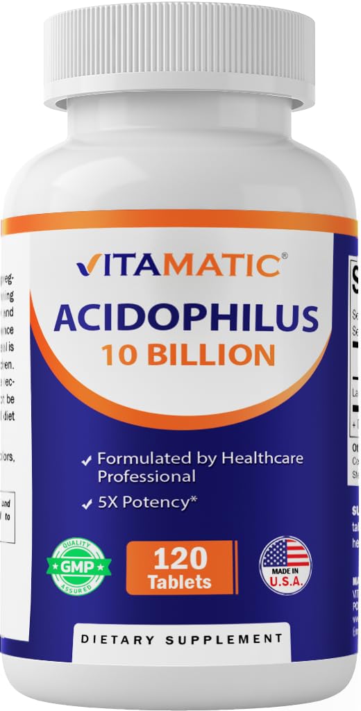 Vitamatic Acidophilus Probiotic - 10 Billion CFU - 5X Moc - Daily Probiotic Supplement, Supports Digestive Health - 120 Tablets