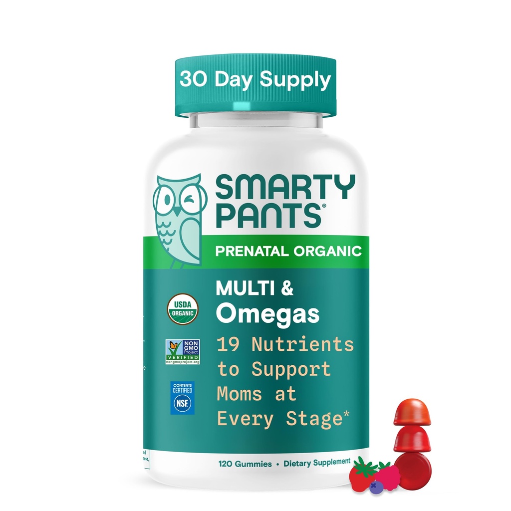 SmartPants Organiczne witaminy prenatalne dla kobiet, Gummies multiwitaminowe: Biotin, Metylfolat, Omega 3 (ALA), Witamina D3, C, Witamina B12, B6, A, K2 & Cynk, Cholina, Wegetarianin, 120 Count (30 Day Supply)