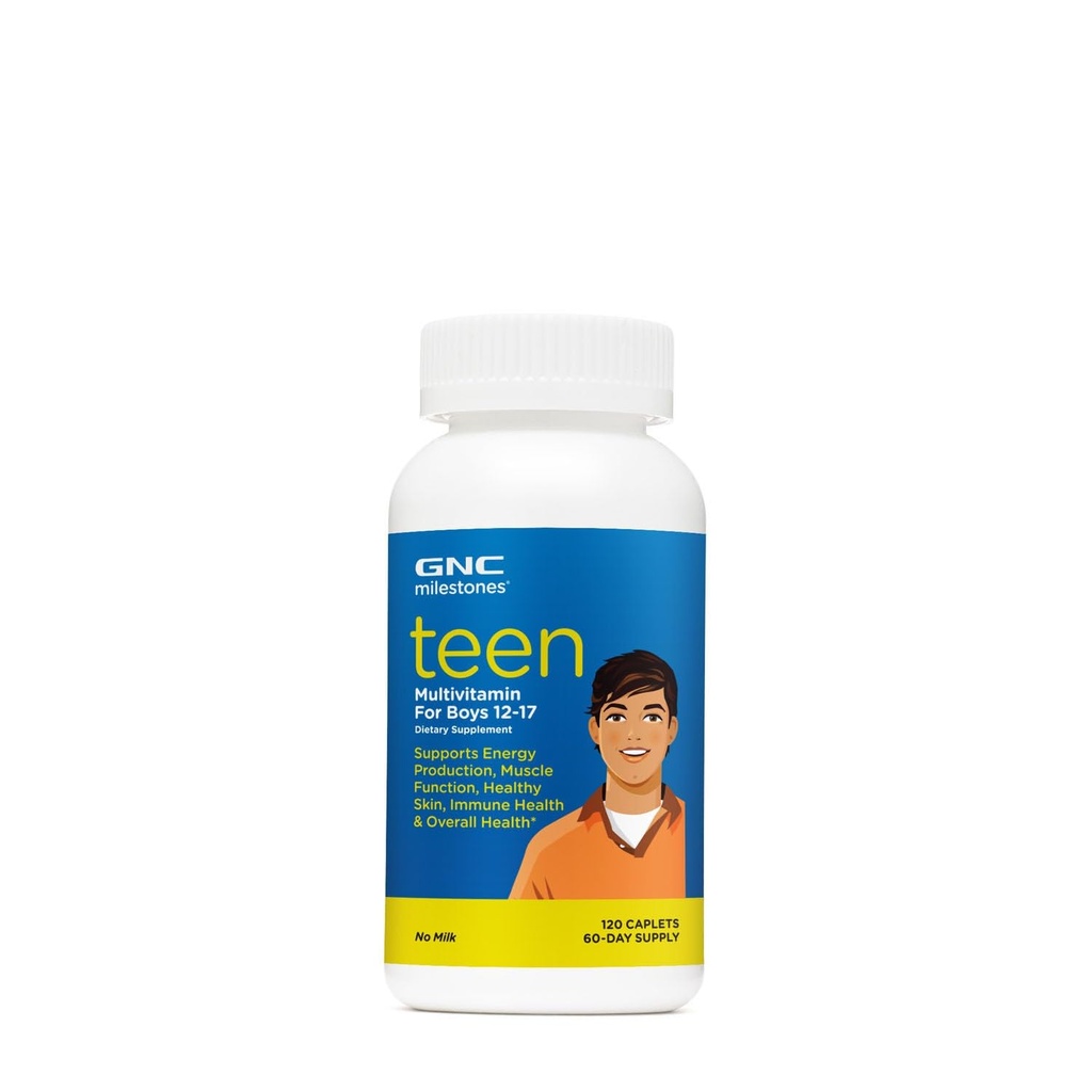 GNC Milestones Teen Multivitamin dla chłopców 12- 17, Wspiera produkcję energii i funkcje mięśni, 120 Caplets