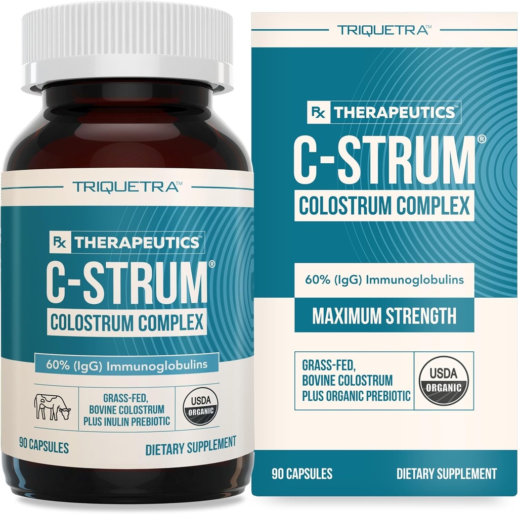 C-Strum ® Organic Bovine Colostrum Supplement, 60% igG, Pierwsze dojenie, Pasza trawy, Max Siła Colostrum Kapsułki z niemieckich krów mlecznych - Gut, Immunitet, Support skóry i włosów (90 liczba)