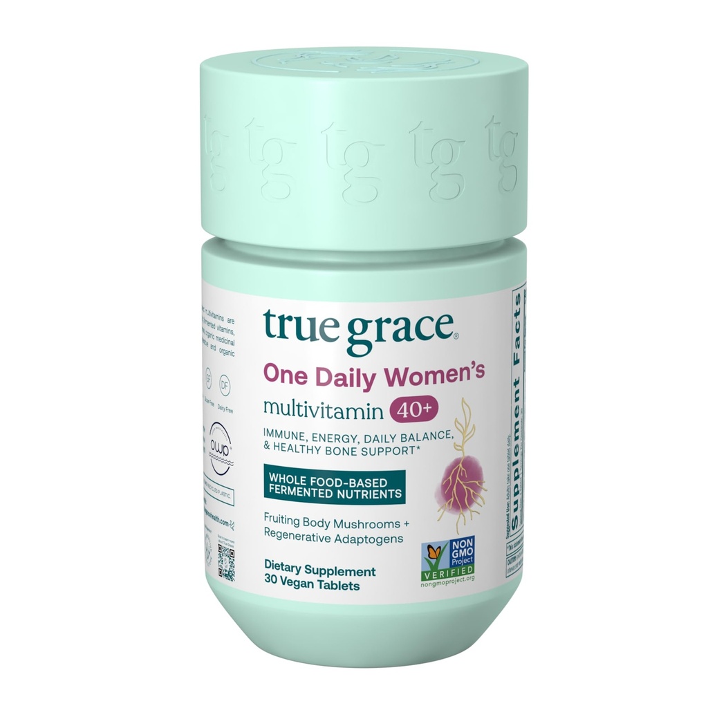 True Grace One Daily Women 's Multivitamin 40 + Femented Minerals, Organic Adaptatogens & Mushroom Energy, Immune, Bone Support - Non-GMO - Żelazko, Gluten & Soy Free - 30 Vegan Tablets