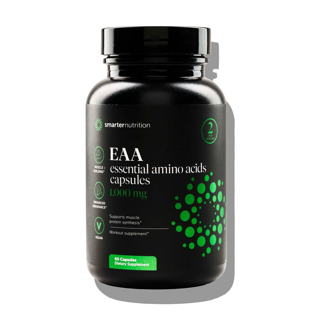 SMARTERNUTRITION Essential Amino Acids (EAA) Kapsułki - 1 gram na serwowanie wszystkich 9 EAA - Podtrzymuje masę mięśniową i ćwiczenia - Non-GMO, Wegan, Gluten Free - 60 Count [30-Day Supply]