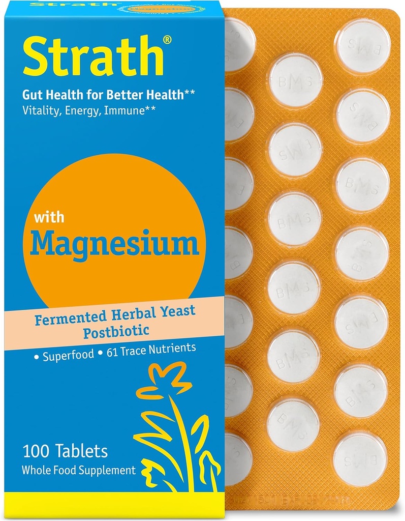 Strath with Magnezu Herbal Yeast Postbiotic 100 Tablets ginal 124; Supports Immune Function Neurological 124; Promotes Wellness Birth124; Non GMO Birth124; Gluten Free Belgium 124; Sugar Free Belgium 124; Vegan Belg 124; Kosher