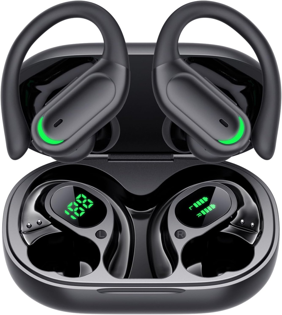 Bezprzewodowe słuchawki Bluetooth 5.4 Słuchawki, 96hrs Playtime, bezprzewodowe ładowanie gablot LED Display, przez słuchawki ucha, ENC Noise Cancelling, Hi- Fi Sound, IP7 Waterproof, do treningu sportowego (Deep Black)
