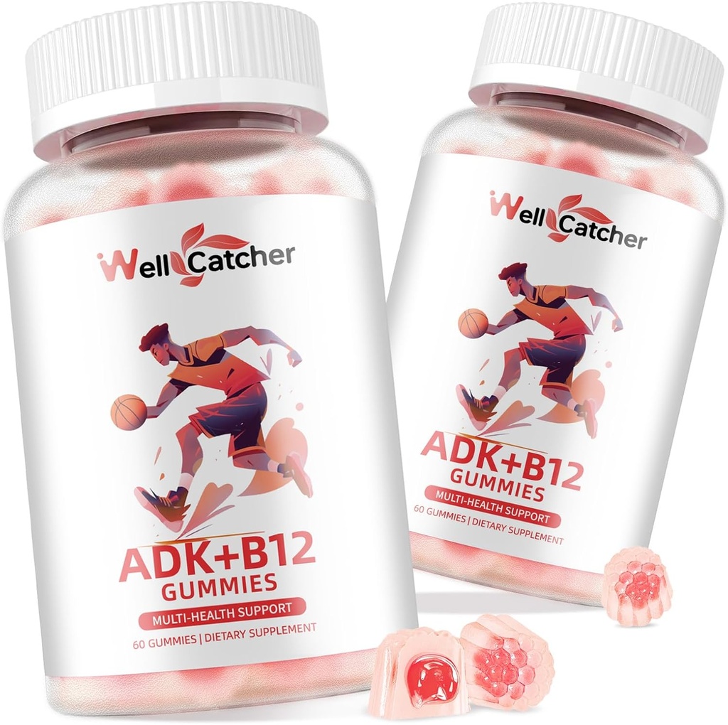 Witamina ADK + B12 Gumiaki Suplementy: Witamina D3 K2 (MK- 7) z B12 dla mężczyzn Kobiety do żucia Wegan Multiwitamina Wsparcie kości Mózg immunologiczny Skóra Eye Heart Sugar Wolny Malina Smakowane 2 Opakowania