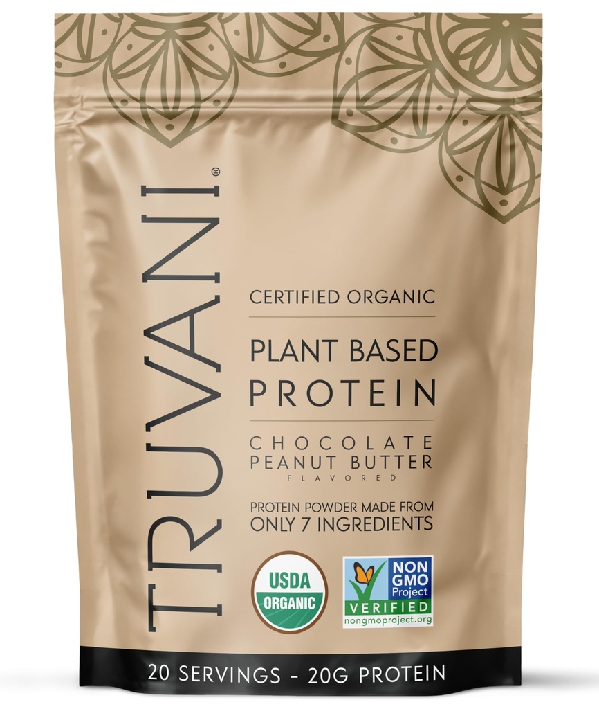 Proszek Truvani Vegan Pea Protein 124; Czekoladowy Masło Peanut 124; 20g Organic Plant Based Protein 124; 20 Służenia 124; Keto Nether124; Gluten & Dairy Free 124; Niskie węglowodory 124; Nie Dodano cukru