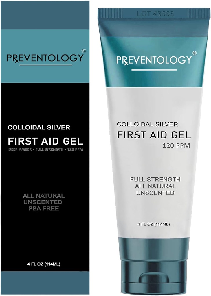 PREVENTOLOGY Colloidal Silver Gel - Pełna wytrzymałość Deep Amber 120 PPM dla maksymalnej skuteczności - Stosować miejscowo zgodnie z wymaganiami - pH Balanced - Unscented - 100% Natural - (4 oz)