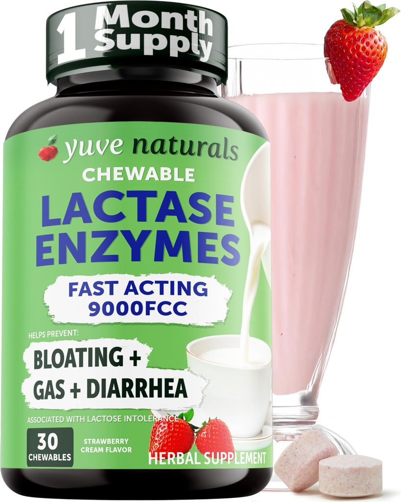 Yuve Natural Fast Acting Dairy Relief Pyszne Chewables - Lactase Enzyme 9000 FCC - Pożegnaj się z Dyskomfort mleczny z Laktoza Nietolerancja - Truskawka krem Flavor - 30ct
