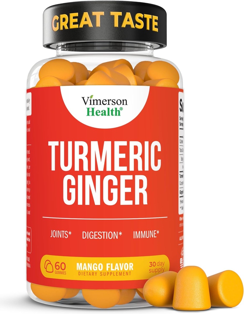 Suplement turmerowy - Curcumin C3 Complex + Ginger Root for Gut & Joint Health - Natural Turmeric Curcumin Supplement 95% Curcuminoid. Zawiera 260mg ekstraktu tumerycznego. 60 Mango Flavor Turmeric Gummies