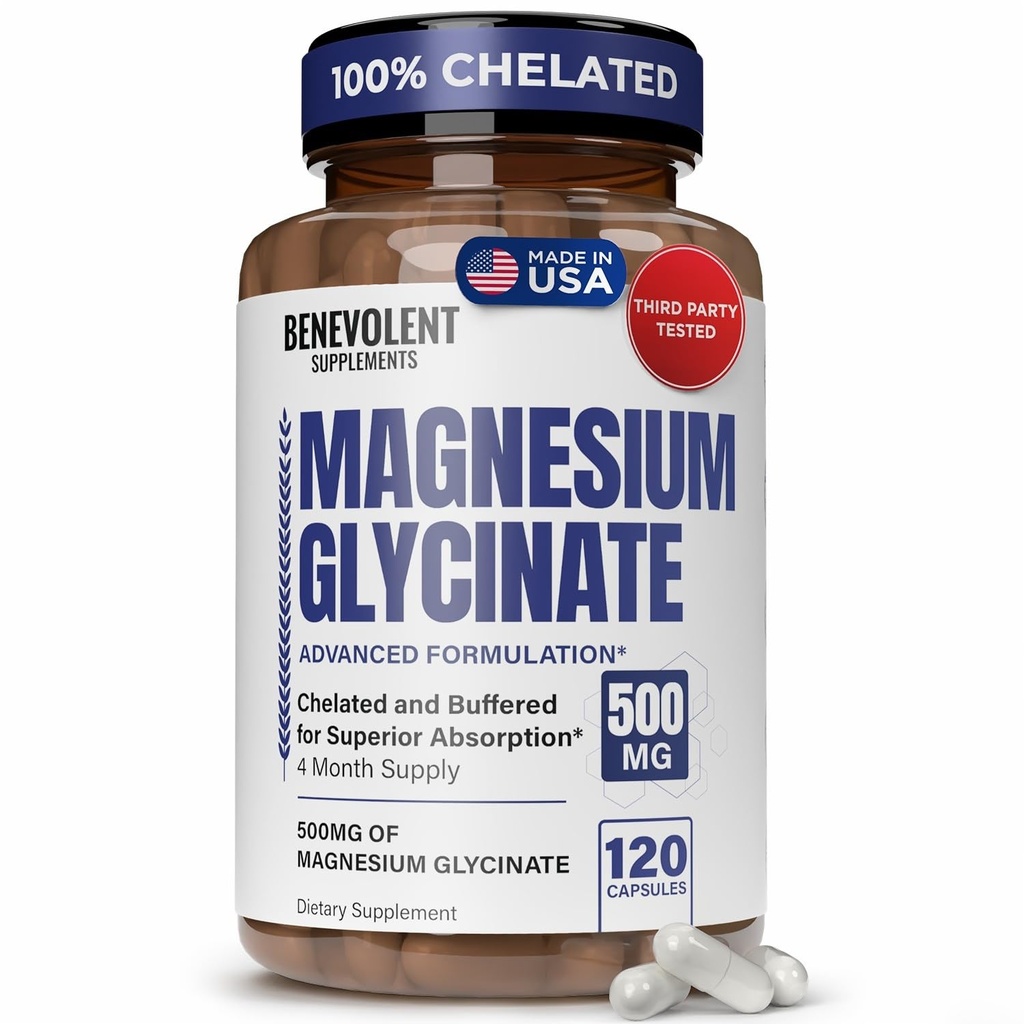Magnezu Glicynian 500mg - Chelatowany i Buforowany Wysoka Absorpcja Suplement magnezu do wspomagania odprężenia, trawienia, kości, snu, nerwów i zdrowia mięśni - Made in USA - 120 Vegan kapsułki