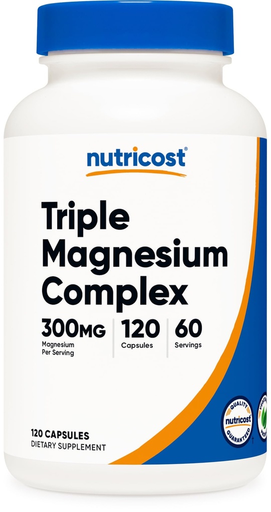 Nutricost Triple Magnezu Complex (300 mg, 120 kapsułek) - z Di- Magnezu Malate, Bisglicinate i Cytrate, 60 Służenie