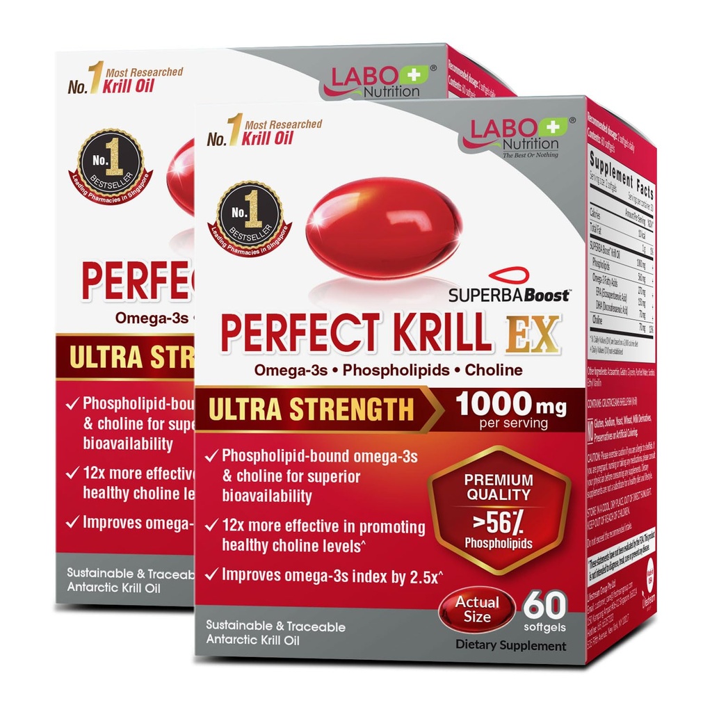 Labo Nutrition Perfect Krill EX, 1000mg Crill Oil Omega 3 EPA DHA, Najwyższe fosfolipidy (ponad 56%) z Choliną, Astaksantyna 124; Heart Brain Eye Joint Health, Made in USA, 60 softgelsX2