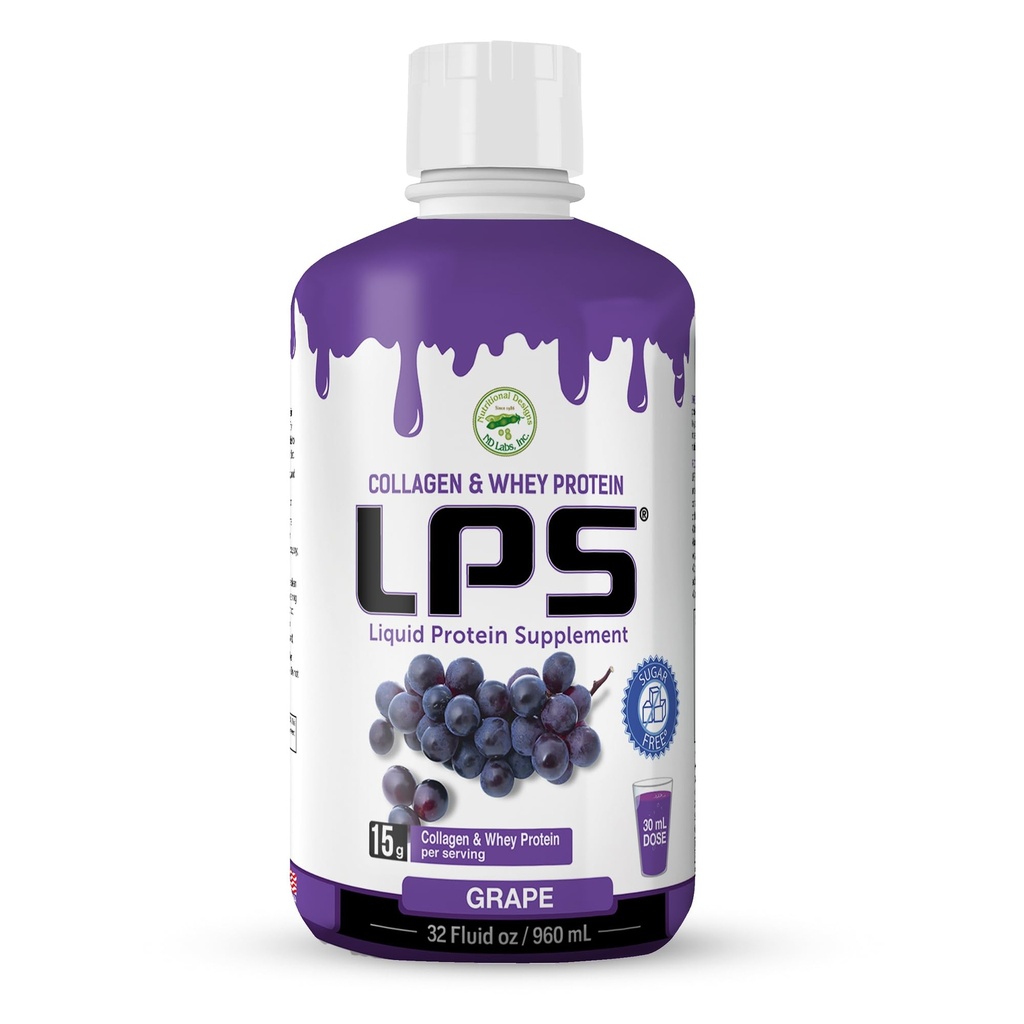 LPS Liquid Collagen & Serwatka suplement protein - Bezcukrowy, Wytrzymały, Napoje Non-GMO - Zhydrolizowany Kolagen & Serwatka Peptydes promuje zdrową skórę i włosy dla mężczyzn i kobiet, Grape, 32 fl oz