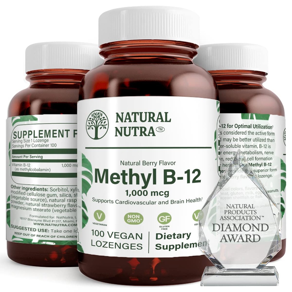 Natural Nutra Vegan Metyl B12 1000mcg, Heart Health and Energy Booster Supplement, Gluten Free, Wsparcie transformacji energii, Zwiększenie odpowiedzi immunologicznej, Pomoc funkcji mózgu, 100 Vegan Lozenges
