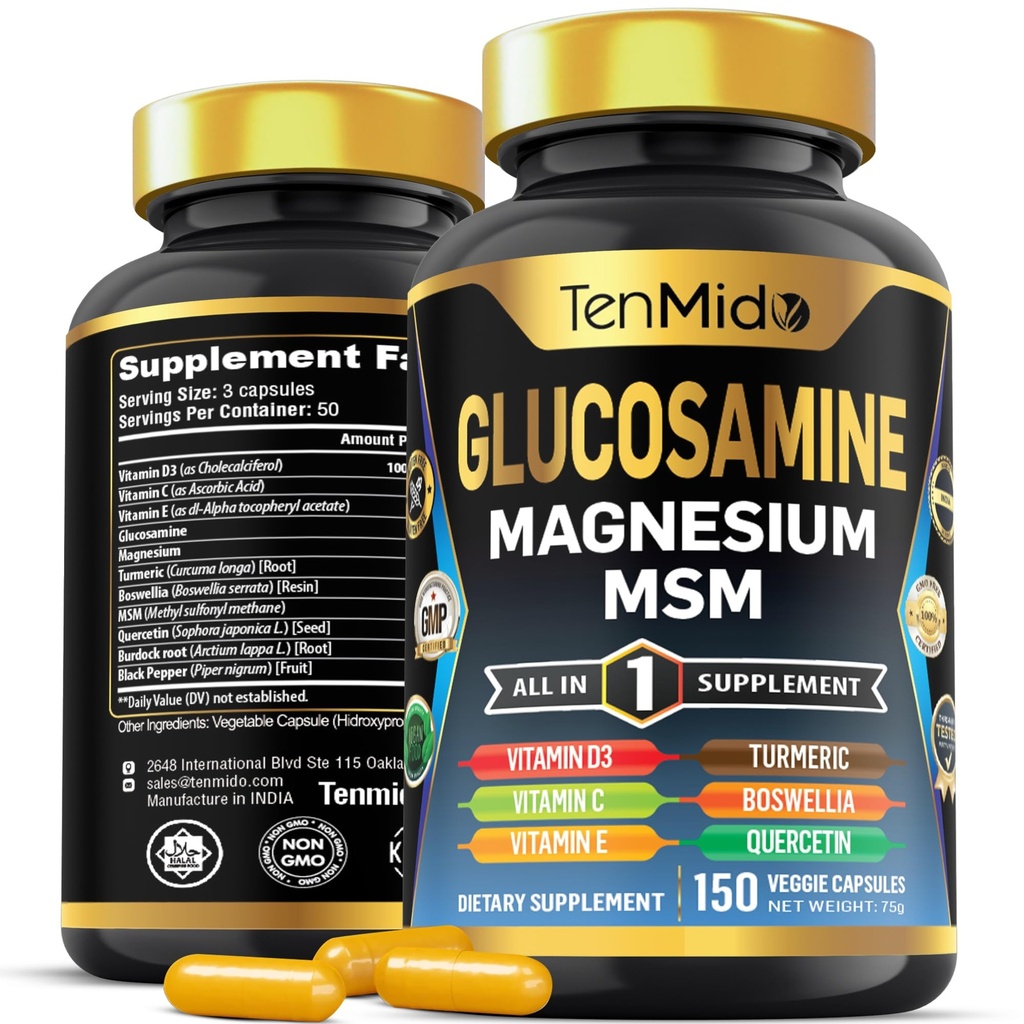 Suplement Glukozaminowy MSM dla mężczyzn i kobiet - 11in1 Formuła - Połączenie z magnezem, turmerią, Boswellią, Quercetin, Burdock Root i więcej 124; Wsparcie Joint & Mobility - 150 Kapsułki