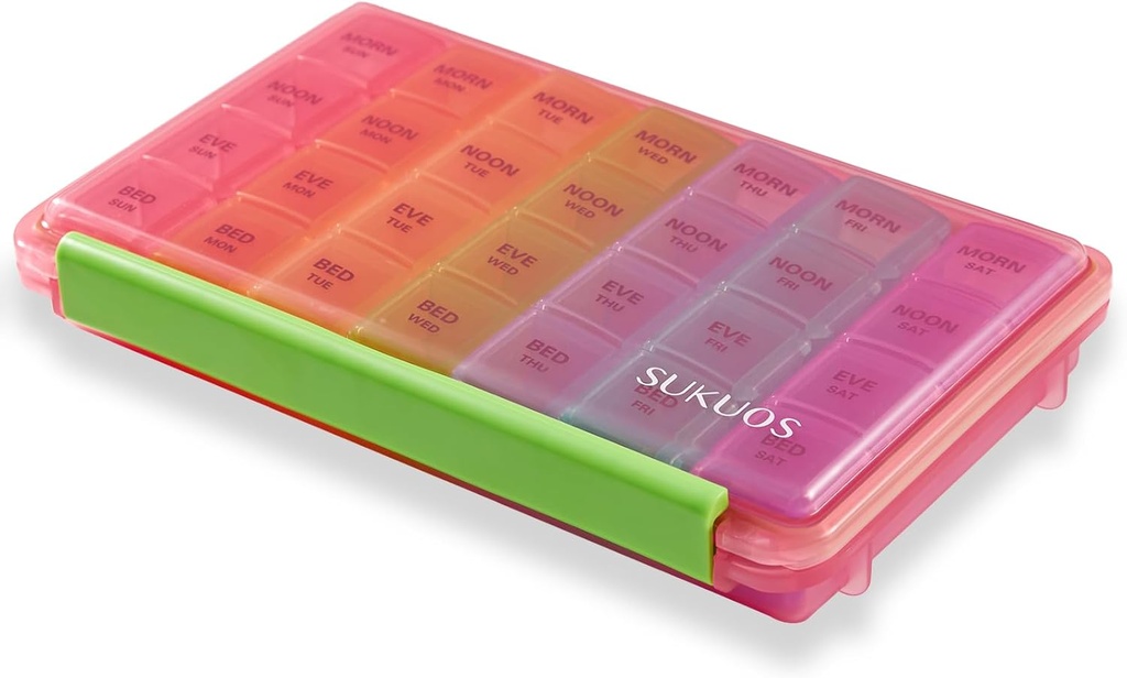 Sukuos Cotygodniowy Pill Organizator 7 Dzień 4 razy dziennie, Moisture- Resistant Duży codzienny Pill Box Leki Przypadki na witaminy / Olej rybny / Suplementy (różowy)