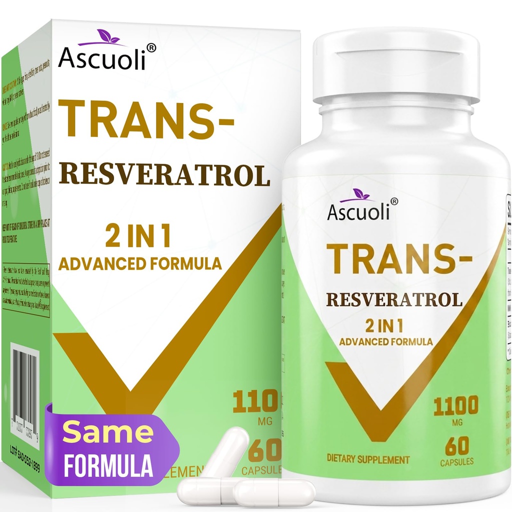99% Ultra Czystość Trans- Resveratrol 1100mg, 3- in-1 Zaawansowana Formuła Organic Resveratrol Suplement, Max Przeciwutleniacz, Antystarzenie, Zdrowie skóry, Naprawa komórek, Nawigacja NAD +, Immune & Energy, 60 Kapsułki