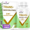 99% Ultra Czystość Trans- Resveratrol 1100mg, 3- in-1 Zaawansowana Formuła Organic Resveratrol Suplement, Max Przeciwutleniacz, Antystarzenie, Zdrowie skóry, Naprawa komórek, Nawigacja NAD +, Immune & Energy, 60 Kapsułki