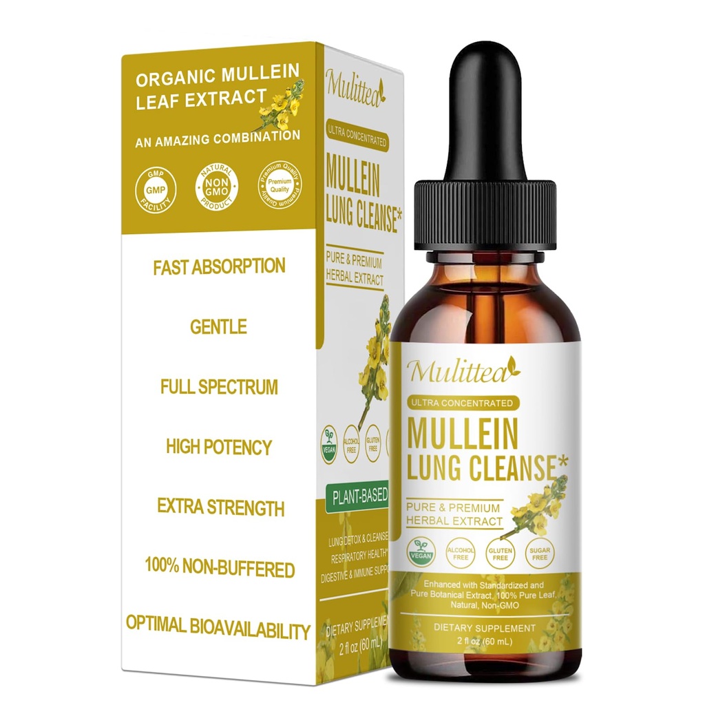 Mulittea Mullein Drops for Lungs & Lymphatic Drainage-5-in-1 Herbal Extract Liquid with Marshmallow Root, Elderberry, Licorice Root-Lung Cleanse & Respiratory Support-Non-GMO, Vegetarian-2 Fl Oz