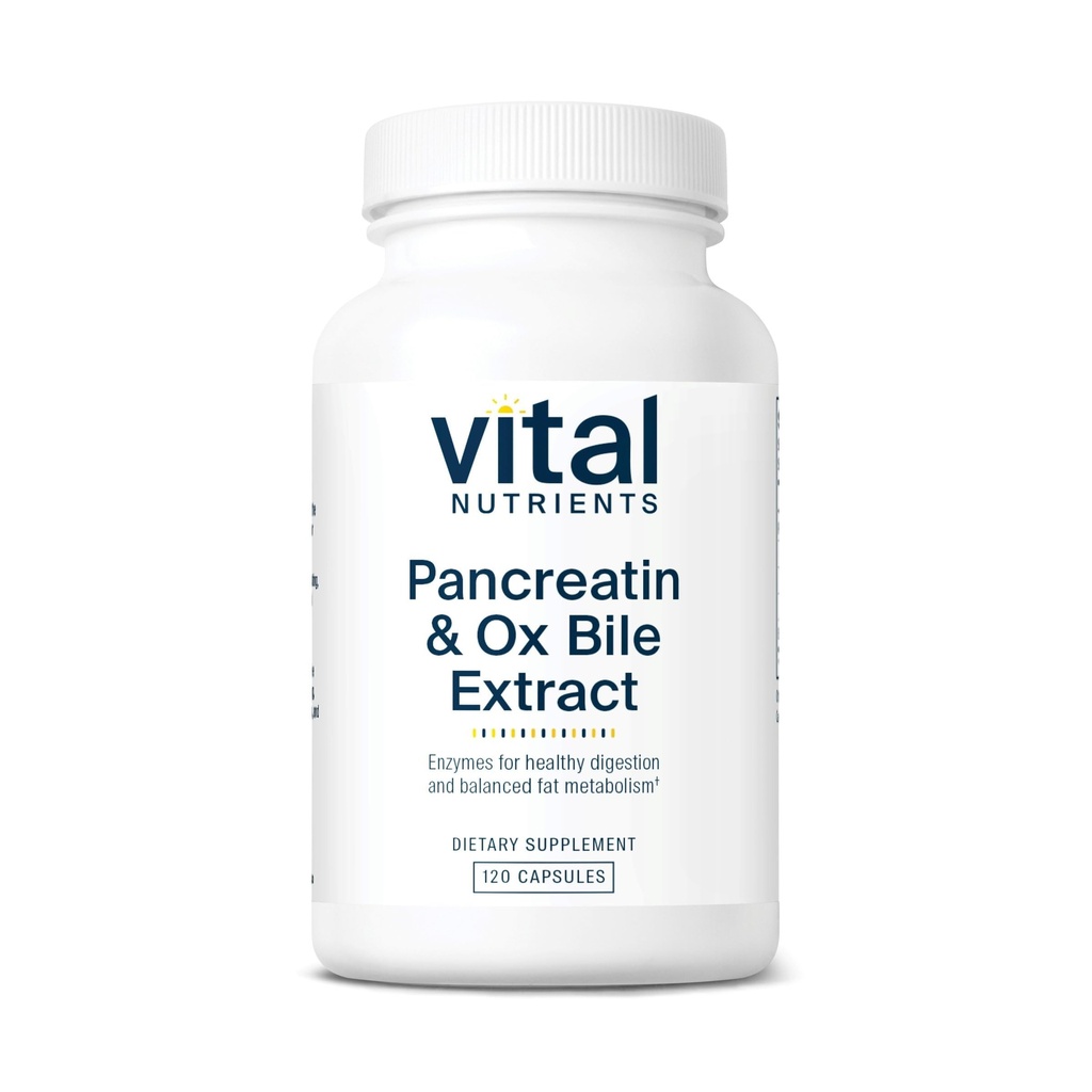 Vital Nutrigents Pancreatin & Ox Bile Extract 500mg < 124; Natural Digestive Enzymes for Women & Men < 124; Supports Destination of Protein, Fat, and Carbohydrates * < 124; Gluten, Dairy & Soy Free > 124; 120 kapsułki