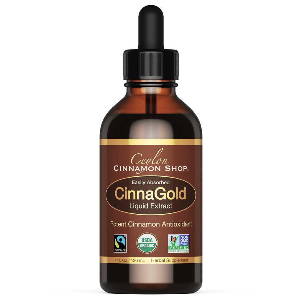 Ceylon Cynamon Shop CinnaGold ™ Organic Ceylon Cynamon (100% Certified) Suplement, Wysokiej Potliwości Liquid Extract, 4 oz. - Super Przeciwutleniacz