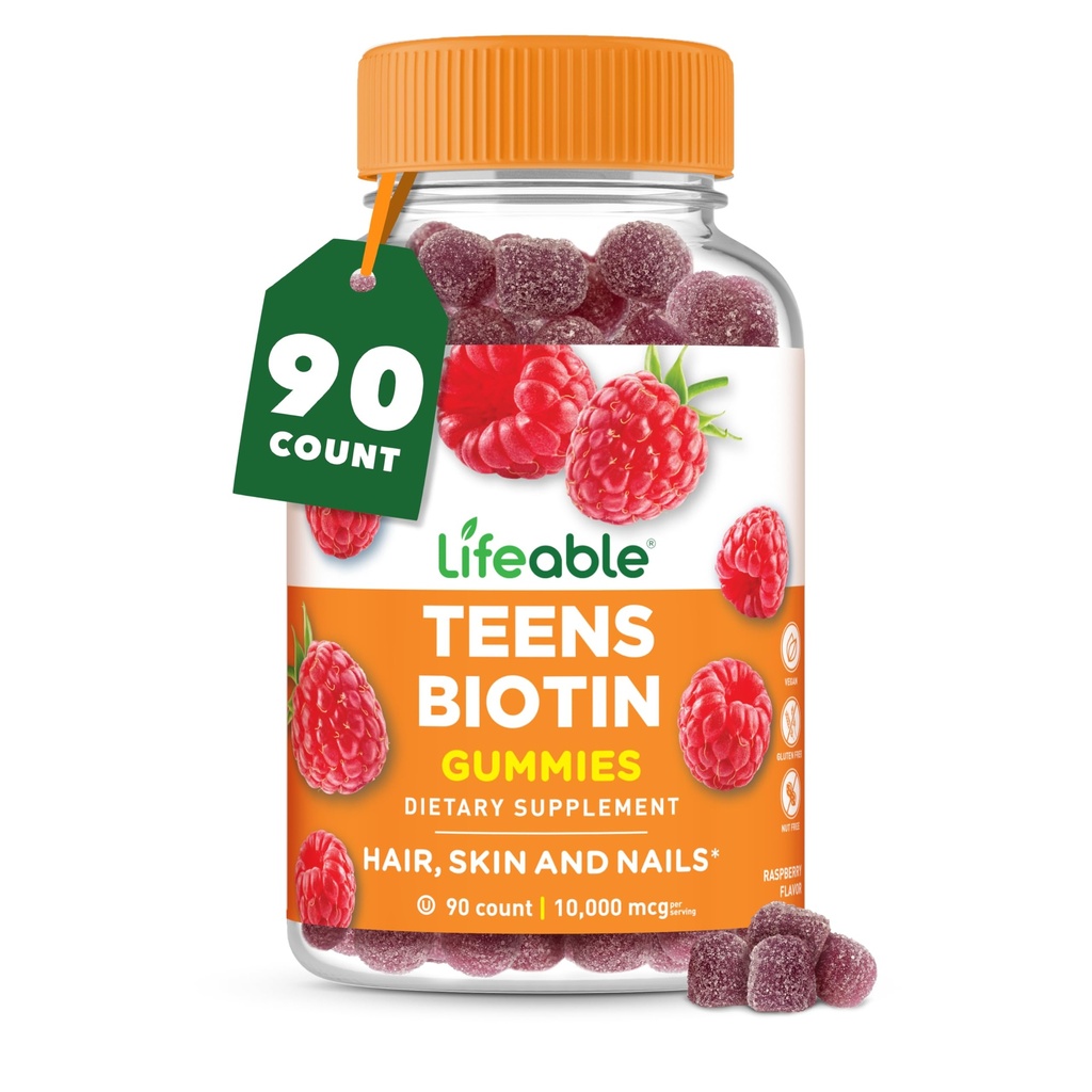 Żywe Nastolatki Biotin 10000mcg Gummie Gummei 124; Witamina B7 Gummea 124; Wegański suplement Biotin Gummei Biotin dla wzrostu włosów, Zdrowa skóra i paznokcie 124; Biotin Witaminy dla Nastolatków 124; 90 Gummeje