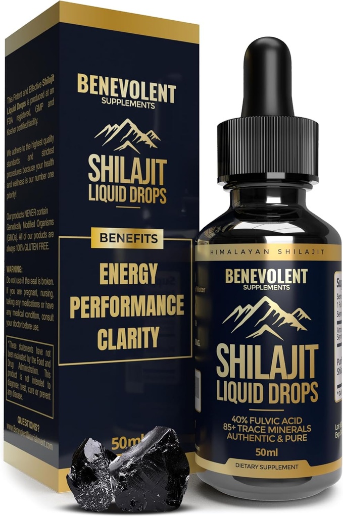 Pure Himalayan Shilajit Liquid Drops - 1000mg Natural Shilajit Drops - 85 + Trace Minerals & 40% Kwas Fulvic dla Energy Boost, Detox Cleanse, Siła & Wsparcie odporności - 50 Day Supply