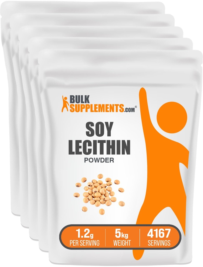 BulkSupplements.com Proszek sojowy Lecytyna - Suplement lecytyny, Proszek Lecytyna Stopień Spożywczy - Gluten Free, 1200mg na jedną porcję, 5kg (11 funtów) (opakowanie po 5 sztuk)