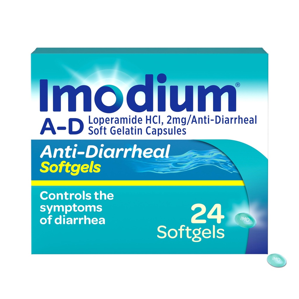 Imodium A- D Fast- Acting Anti- Diarrheal Softgels, Loperamid HCl 2 mg, Travel Essential Diarrhea Relief Medicine dla dorosłych, 24 Count, Anti Diarrhea Pills, Wiek 12 +, Łatwy do połykania