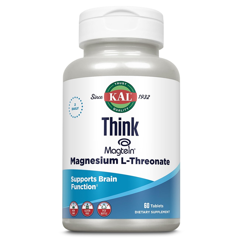 KAL think Magnezu L- Threonate 2000 mg XI124; Nauka, Zdrowie mózgu i Wspomaganie funkcji pamięci w / Magtein XI124; Wegan, No gluten & Non-GMO XI124; 60 Tabletki