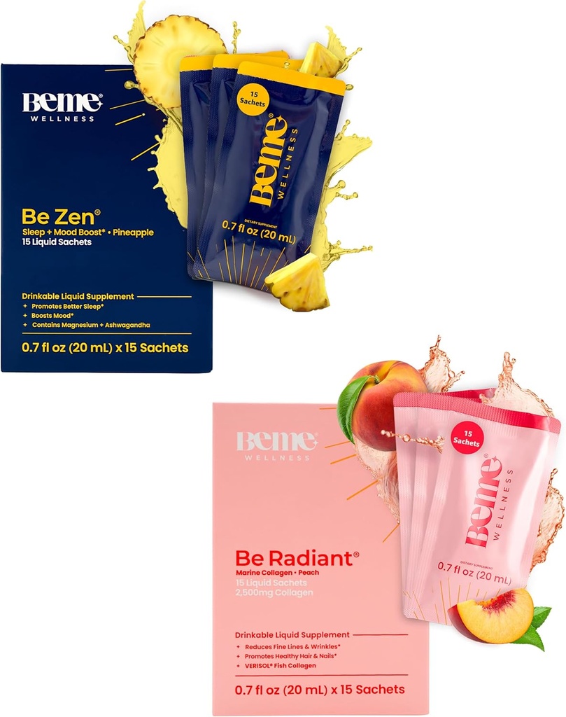 BeMe BeRadiant Peach & BeZen Bundle - Liquid Collagen & Magnezu Glycinate L- Theanine Suplementy