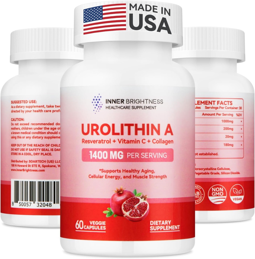 Urolithine A Supplement 1400 MG - Non-GMO, Gluten- free, Anti- Aging, Odnowa komórkowa, Siła mięśni, Endurance & Longevity Support, Liposomal Urolithina A, 60 Count