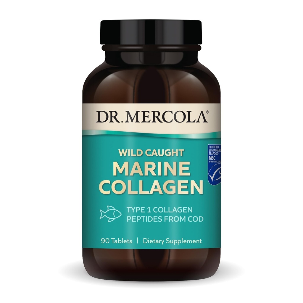 Dr Mercola Marine Collagen - Wspiera zdrowie skóry i tkanki łącznej - Typ I Collagen Peptydes - MSC Certified Wild- Caught Cod - 90 Tablets