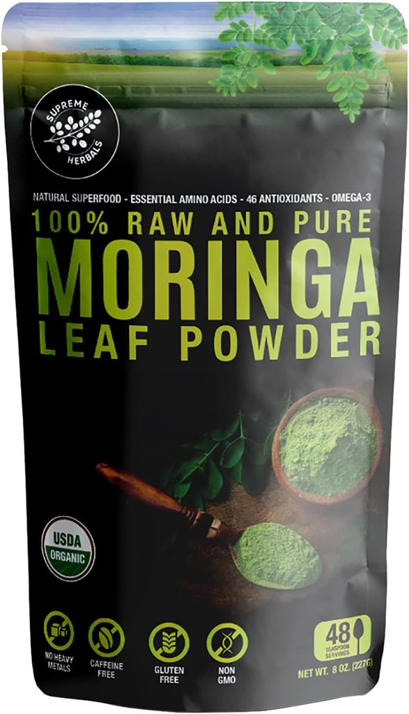 100% Surowy i czysty proszek z liści Moringa. Organic Certified Moringa Leaf. Natural Superfood z esencjonalnymi aminokwasami, przeciwutleniaczami i Omega 3, 8 oz Resealable Bag.