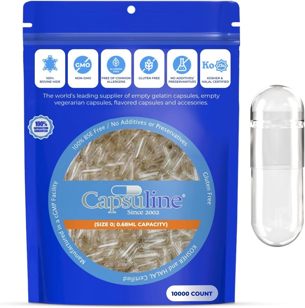 Capsuline Size 0 Puste kapsułki żelatynowe, jasne - 10000 Hrabia 124; Gluten Free, Kosher, Non-GMO Certified Identified 124; Pure Bovine Pill Czapki do napełniania suplementu DIY