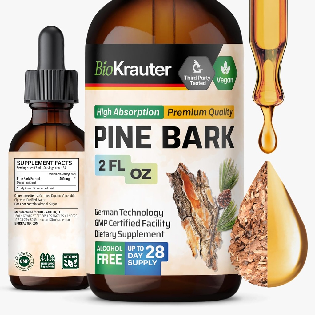 BIO KRAUTER Pine Bark Extract - bogaty w przeciwutleniacze płynne Suplement - 400 mg francuski Morski Pine Bark Extract Drops - Wegan, Alkohol & Cukier wolny - 2 Fl Oz