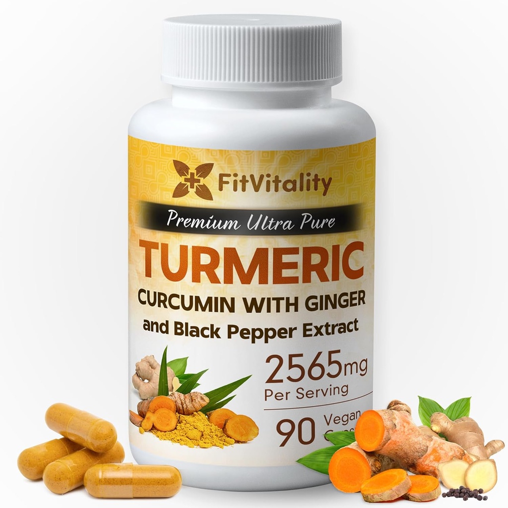 Kurkumina kurkumina 2565 mg, 90 Kapsułek, 95% Kurkuminoidy i BioPerine Black Pepper Extract, Ekstrakt Extra Siła Kurkumina Suplement, Wszystkie naturalne i nie - GMO, Gluten- Free, Kapsułki wegańskie