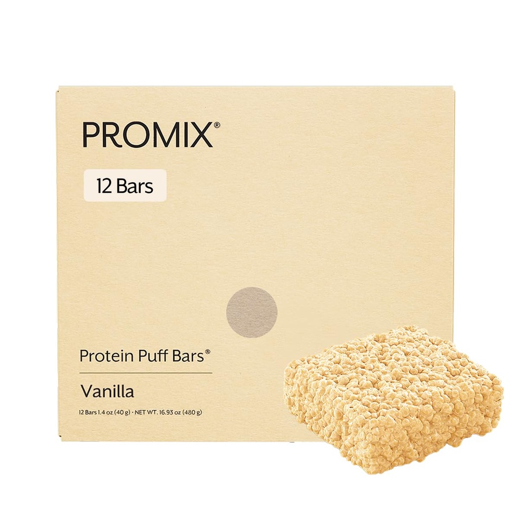 ProMix Nutrition Protein Puff Bars, 12- Pack - Madagaskar Vanilla - Marshmallow Crispy Treat - Great Tasting & Healthy On The Go Snack - Wysokie białko & niskie kalorie - Non-GMO & Free From Gluten, Soy, & Corn.