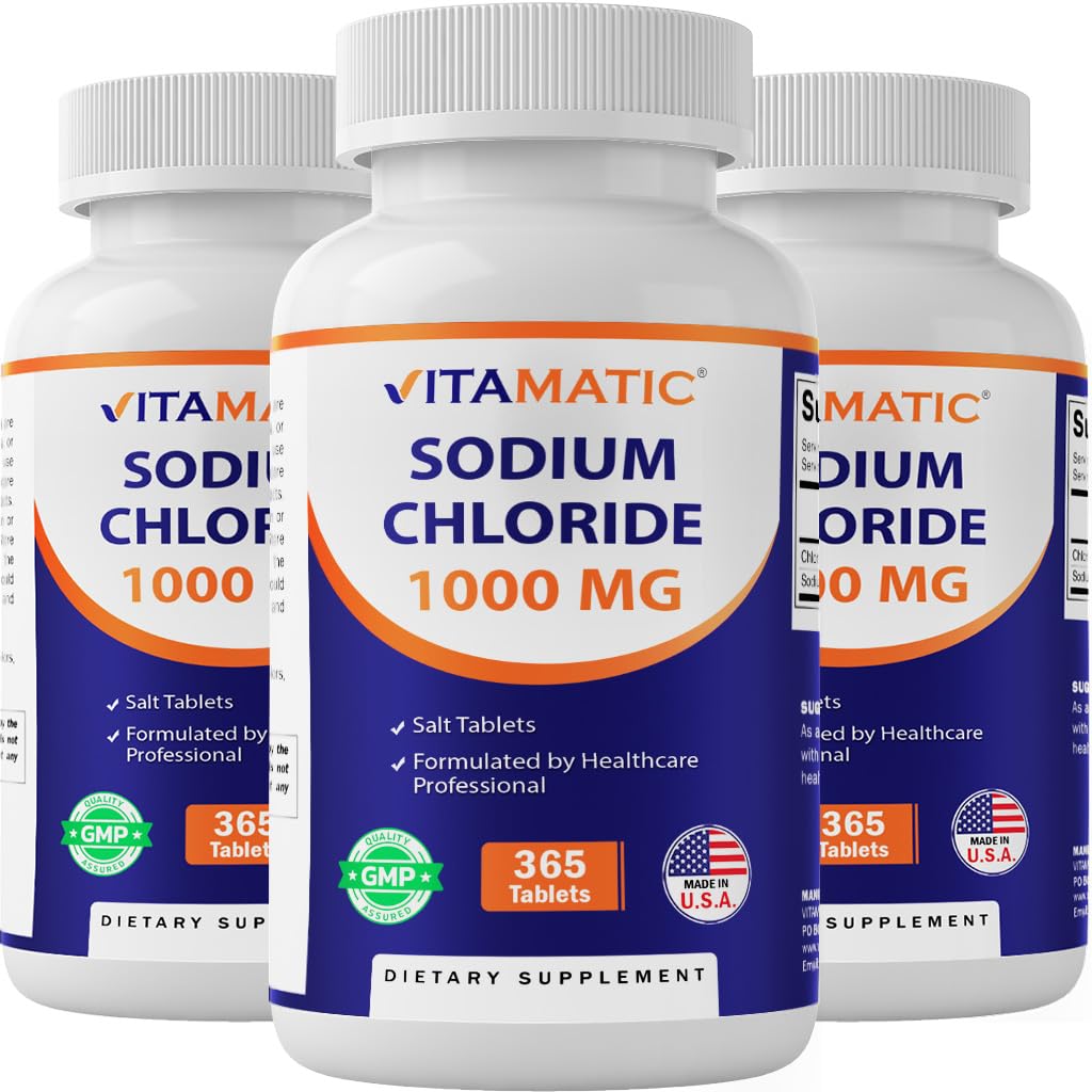 Vitamatic Sodu chlorek 1000mg - 365 Tablets Electrolyte Replenisher & Hydration Support - Nie-GMO, Gluten- Free Butelki