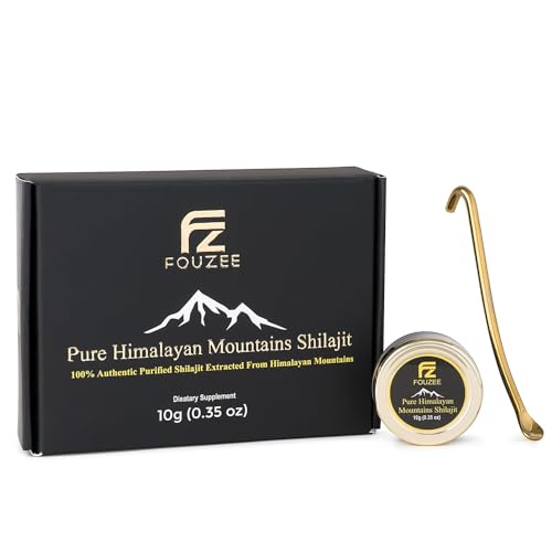FOUZEE Pure Himalayan Mountains Shilajit - 77% + Fulvic Acid Authentic Hard Consistency, Natural Source of Fulvic Acid, Over 85 Trace Minerals, Includes Stainless Steel Spoon (10 Grams)