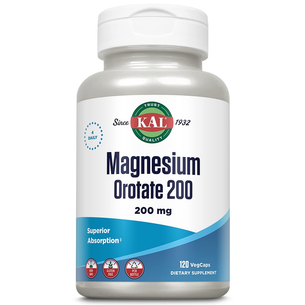 KAL Magnez Orot 200 mg, Superior Absorption Formula, Chelated Magnez dla zdrowych kości, Zęby, Nerwy i Mięśnie Funkcje, Wegetarianin, Non-GMO, Gluten Free, 30 Sługi, 120 VegeCaps