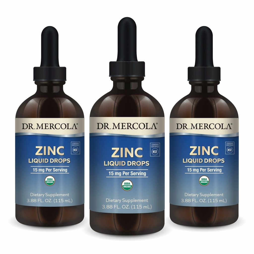 Dr. Mercola Cynk płynne krople - Wspiera immunologiczne i narządowe Zdrowie - 15 mg Organic Cynk płynny krople - USDA Organic - NSF Certified - Non- GMO, Gluten- Free & Soy- Free - 3.88 fl oz (3 Pack)