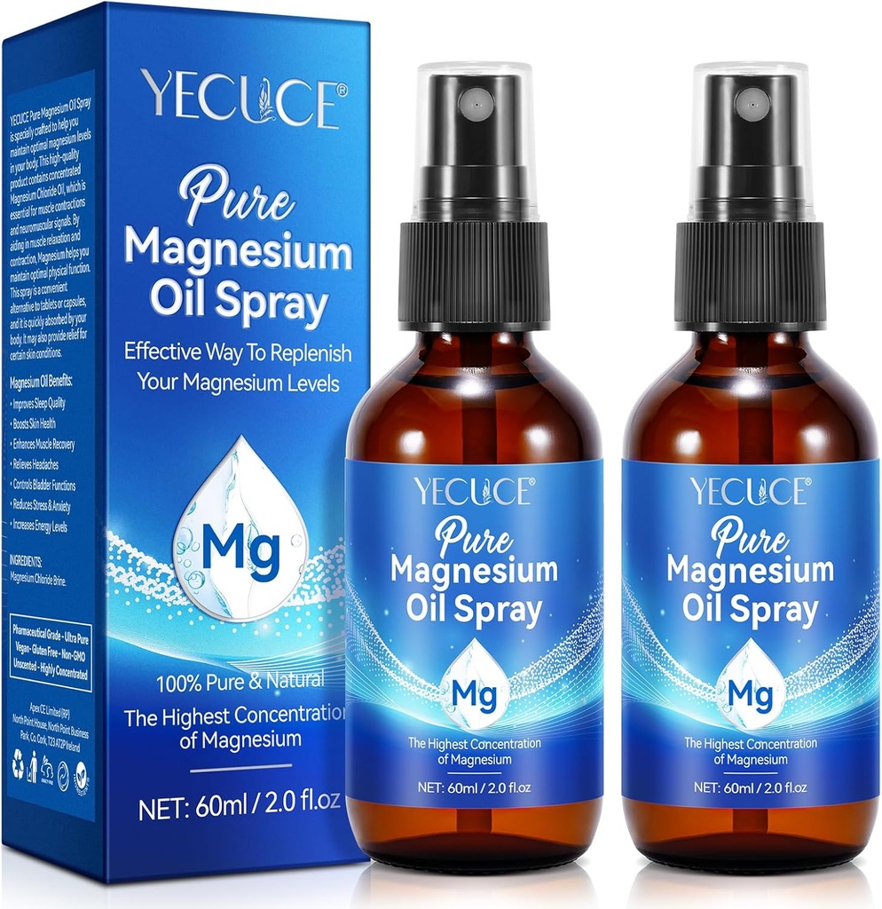 2Pack Pure Magnezu Oil Spray, 100% Naturalny Magnezu Spray - Organiczny Magnezu Body Spray - Rozpylacz Topical Magnezu w szklanej butelce, Magnezu oleju do stóp, Poprawia Odzysk mięśni - 4 Fl.Oz