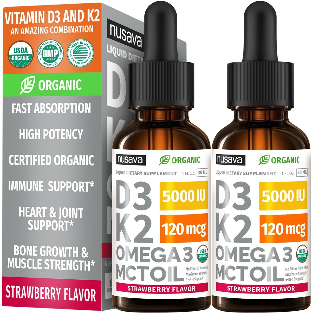 (2 opakowania) Organiczna witamina D3 K2 Krople 5000 IU z MCT Omega 3 - Maksymalna moc ciecz D3 bez wypełniaczy, nie- GMO dla szybszego wchłaniania, Wsparcie immunologiczne (Truskawka, 2 Fl Oz)